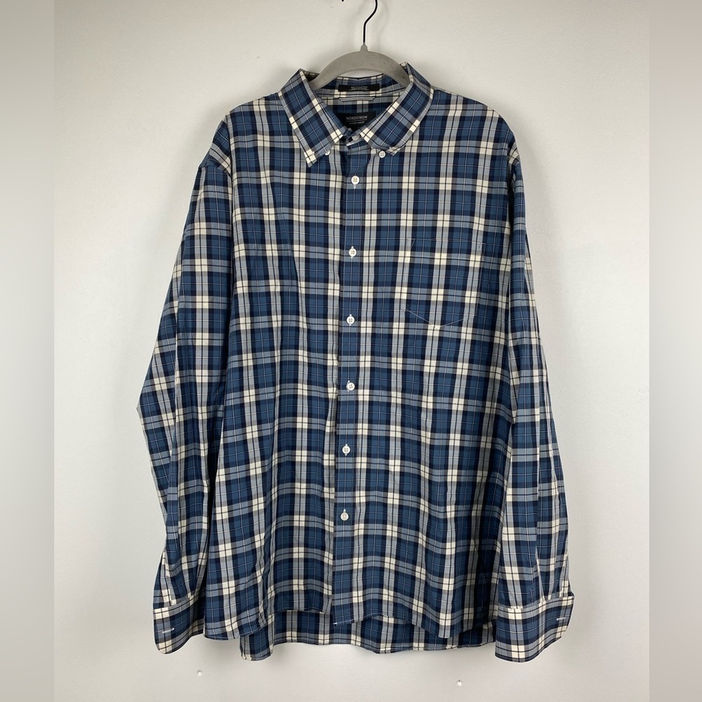 Nordstrom Trim Fit Long Sleeve Button Down Plaid Shirt, Size XXL, Blue/Black